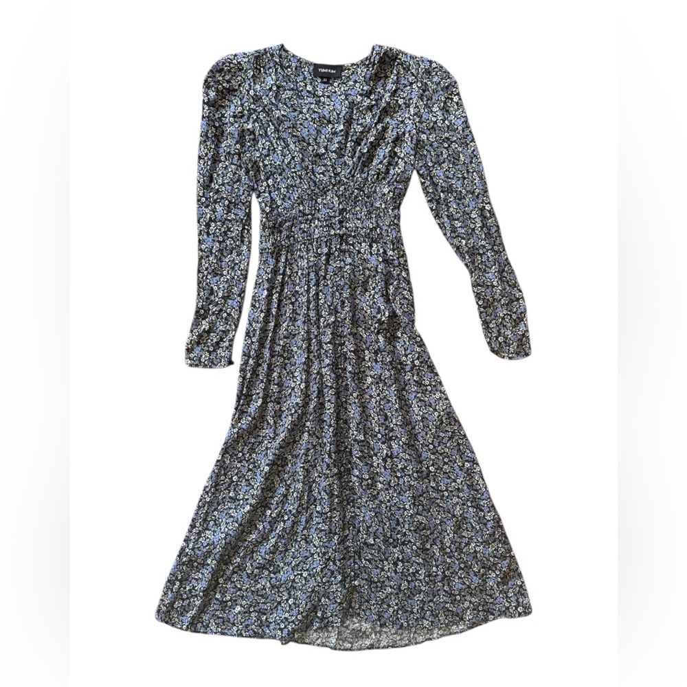 Yumi Kim Long Sleeve V-Neck Smocked Waist A-Line Midi Dress XS Blue Ditsy Floral
